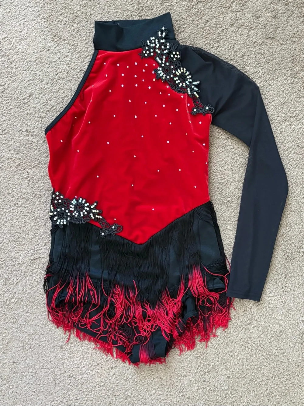 Weissman Girls LC Red/Black Long Sleeve Dance Costume Velvet Fringe Rhinestones